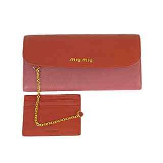 miumiu:ミュウミュウ MADRAS　BIカラー パスケース付　二つ折り長財布　レッド+ピンク（FUOCO+BRUYER）