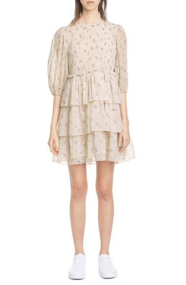 Ganni Floral Tiered Pleated Georgette Minidress | Nordstrom