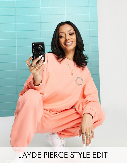 ASOS Weekend Collective co-ord oversized sweatshirt with tonal embroidery logo in coral | ASOS