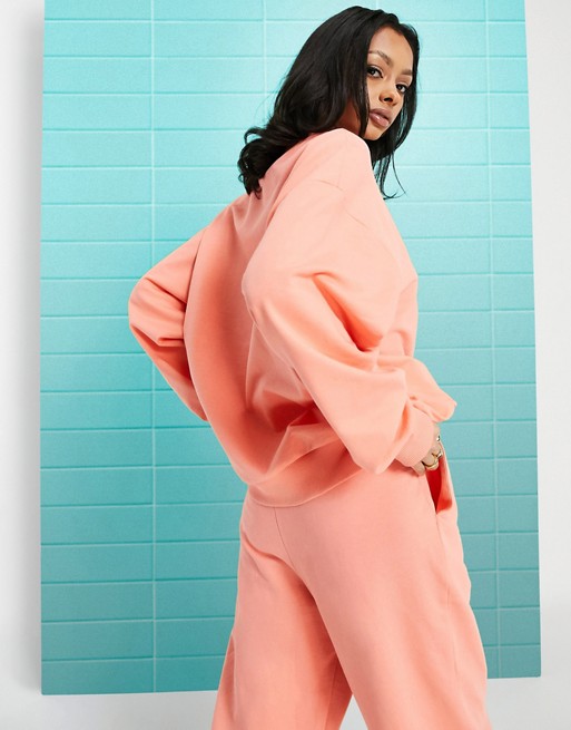 ASOS Weekend Collective co-ord oversized sweatshirt with tonal embroidery logo in coral | ASOS
