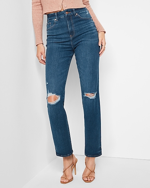 Super High Waisted Flexx Dark Wash Ripped Modern Straight Jeans | Express