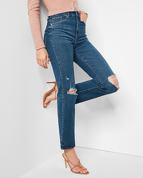 Super High Waisted Flexx Dark Wash Ripped Modern Straight Jeans | Express