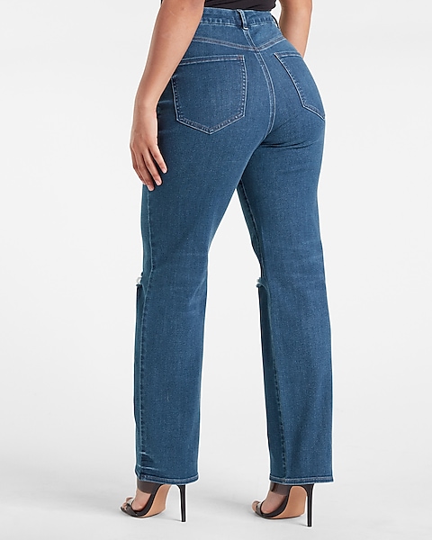 Super High Waisted Flexx Dark Wash Ripped Modern Straight Jeans | Express
