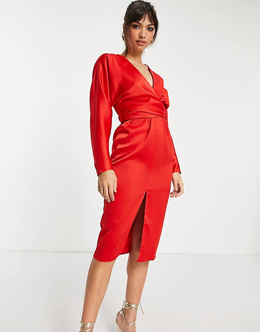 ASOS DESIGN satin midi dress with batwing sleeve and wrap waist in red | ASOS