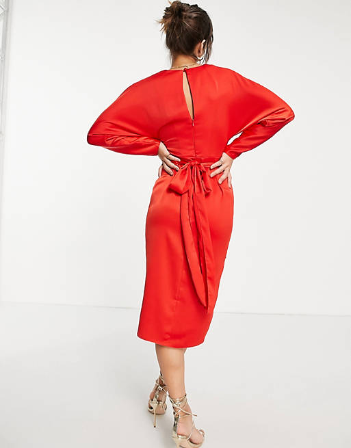 ASOS DESIGN satin midi dress with batwing sleeve and wrap waist in red | ASOS