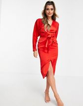 ASOS DESIGN satin midi dress with batwing sleeve and wrap waist in red | ASOS