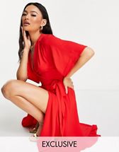 ASOS DESIGN satin midi dress with batwing sleeve and wrap waist in red | ASOS