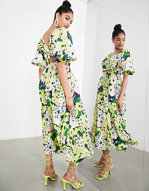 ASOS EDITION wrap front linen midi dress with blouson sleeve in floral print | ASOS