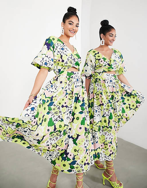 ASOS EDITION wrap front linen midi dress with blouson sleeve in floral print | ASOS