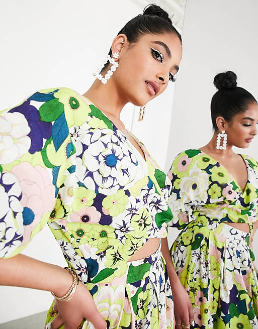 ASOS EDITION wrap front linen midi dress with blouson sleeve in floral print | ASOS