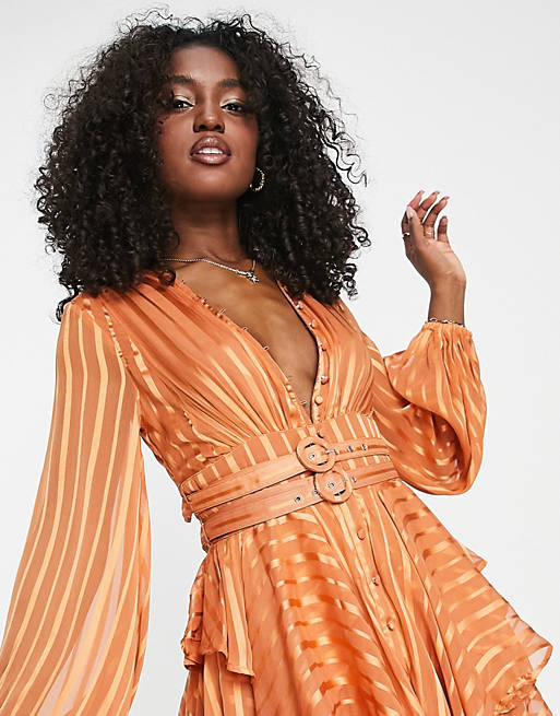 ASOS DESIGN button front mini dress in satin stripe with belt detail | ASOS