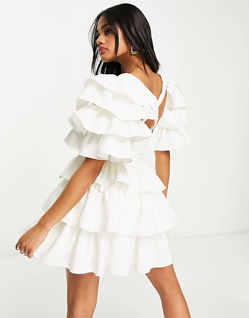 ASOS LUXE jacquard ruffle sleeve and ruffle pep corset mini dress in white | ASOS