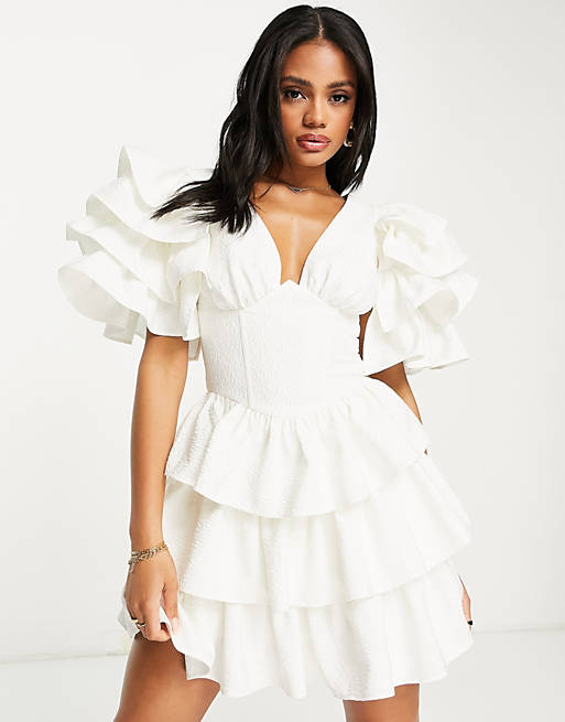ASOS LUXE jacquard ruffle sleeve and ruffle pep corset mini dress in white | ASOS