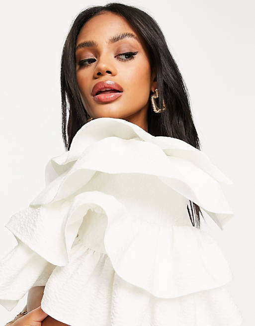 ASOS LUXE jacquard ruffle sleeve and ruffle pep corset mini dress in white | ASOS