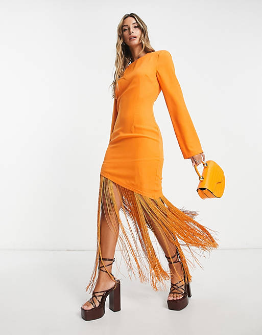 Pretty Lavish asymmetric fringe maxi dress in orange | ASOS