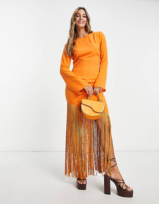 Pretty Lavish asymmetric fringe maxi dress in orange | ASOS