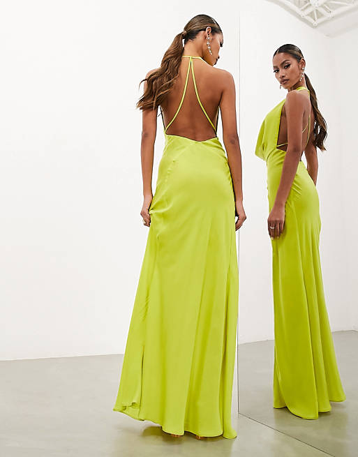 ASOS EDITION satin statement cowl neck maxi dress in lime green | ASOS