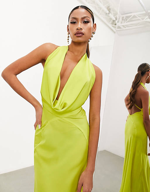 ASOS EDITION satin statement cowl neck maxi dress in lime green | ASOS
