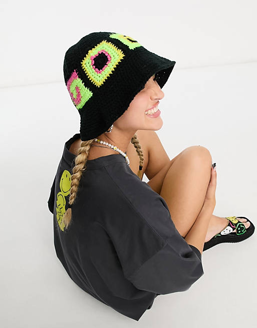 ASOS DESIGN smiley collab crochet bucket hat in black | ASOS