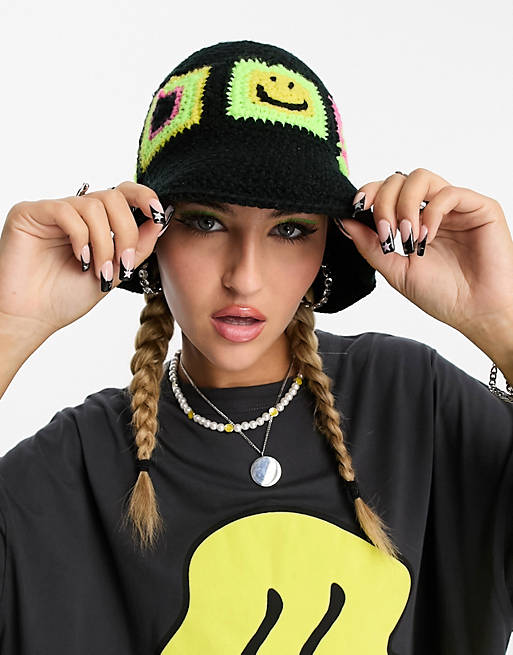 ASOS DESIGN smiley collab crochet bucket hat in black | ASOS