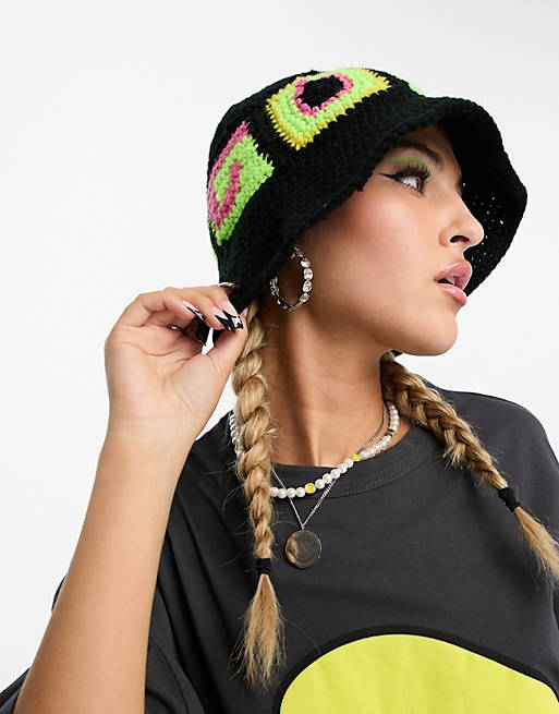 ASOS DESIGN smiley collab crochet bucket hat in black | ASOS