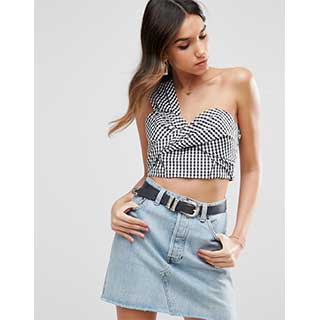ASOS：エイソス Gingham Cropped Cotton One Shoulder Bralette