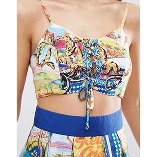 ASOS：エイソス Crop Top with Lace up Front in Postcard Print Co-Ord