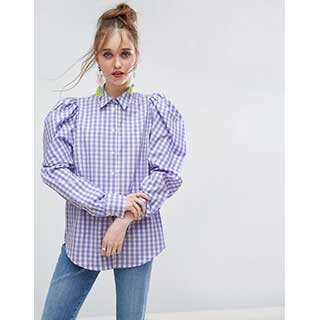 ASOS：エイソス Lilac Gingham Check Shirt With Exagerated Shoulder