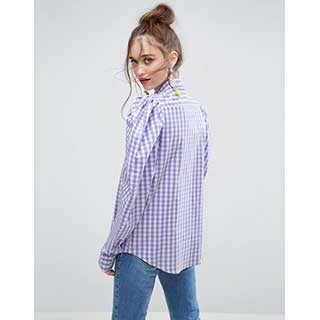 ASOS：エイソス Lilac Gingham Check Shirt With Exagerated Shoulder