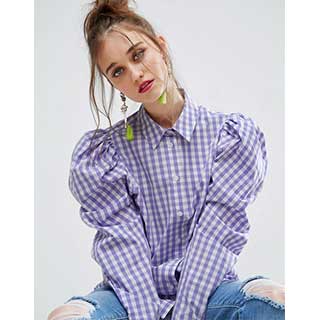 ASOS：エイソス Lilac Gingham Check Shirt With Exagerated Shoulder
