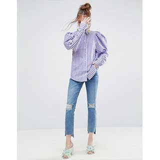 ASOS：エイソス Lilac Gingham Check Shirt With Exagerated Shoulder