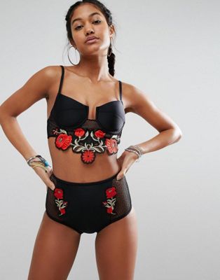 Jaded London Embroidered Rose Bikini