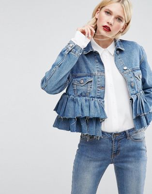 ASOS | ASOS Denim Crop Jacket with Ruffle Hem in Midwash Blue