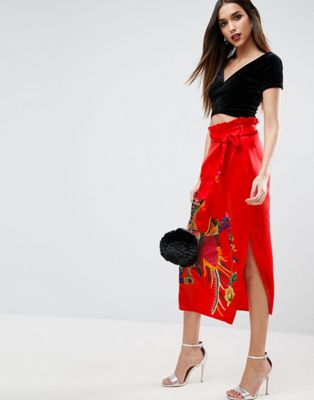 ASOS | ASOS Embroidered Midi Skirt in Satin with Paperbag Tie Waist