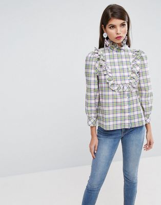 ASOS | ASOS Check Shirt with Ruffle Bib Detail