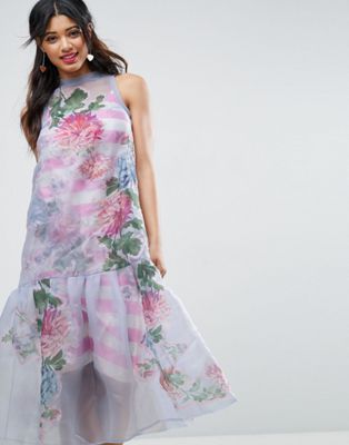 ASOS | ASOS SALON Embroidered Organza with Stripe Bodice Midi Dress