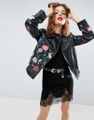 ASOS | ASOS Floral Embroidered Leather Biker Jacket