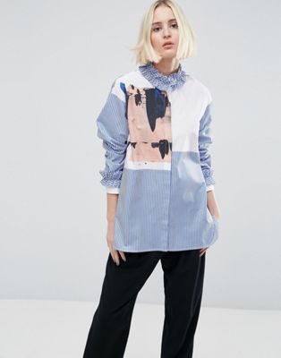 ASOS White | ASOS WHITE Shirt With Printed Panel And Frill Detail
