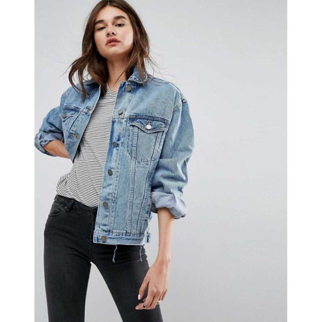 ASOS RECYCLED Denim Girlfriend Jacket in Missouri Blue Wash