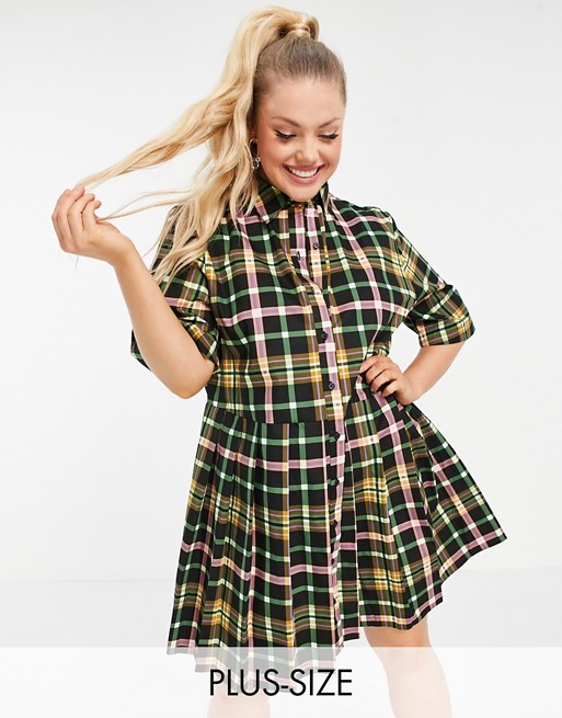 COLLUSION Plus check pleated mini shirt dress in multi | ASOS