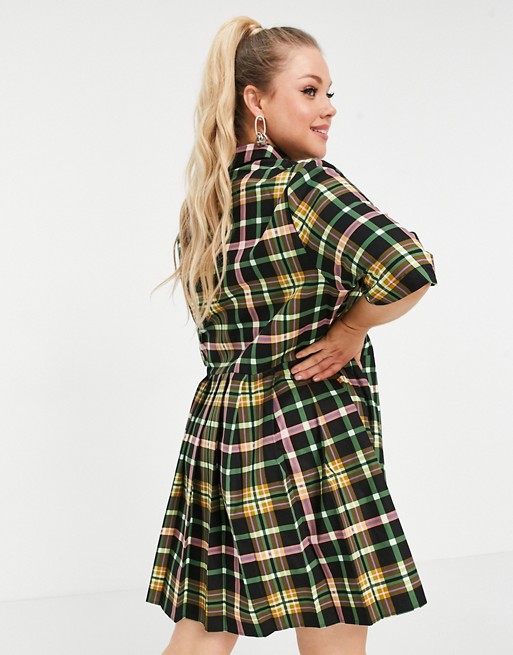 COLLUSION Plus check pleated mini shirt dress in multi | ASOS